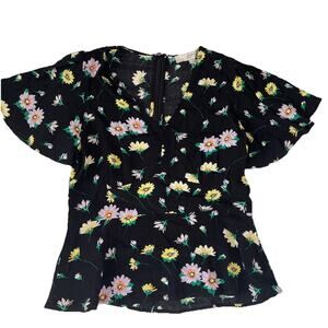 LOFT Black Peplum Style Floral Short Sleeve Blouse with Back Zipper - Size 0
